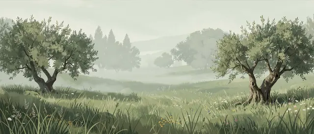 Soft painterly ultrawide sage green landscape of a misty meadow dotted with olive trees