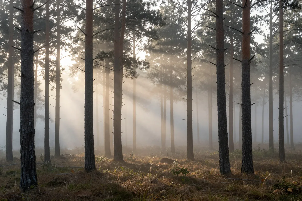 Warm sunbeams stream through thick fog between tall pine trees at early dawn