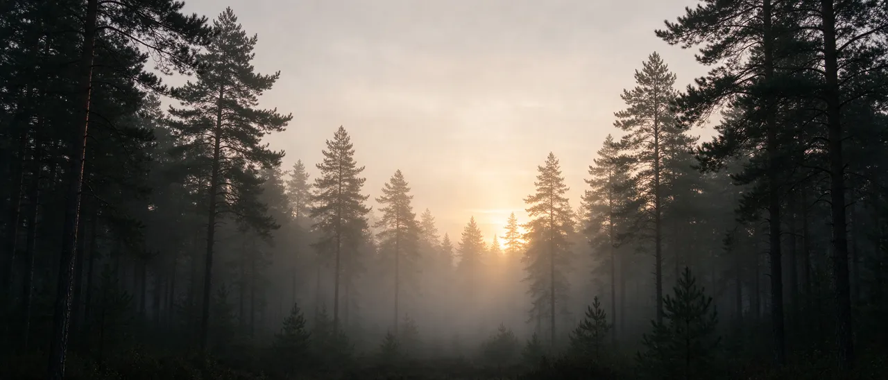 Sunrise glow filters through thick fog between silhouetted pine trees across a wide forest banner frame
