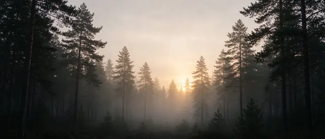 Sunrise glow filters through thick fog between silhouetted pine trees across a wide forest banner frame