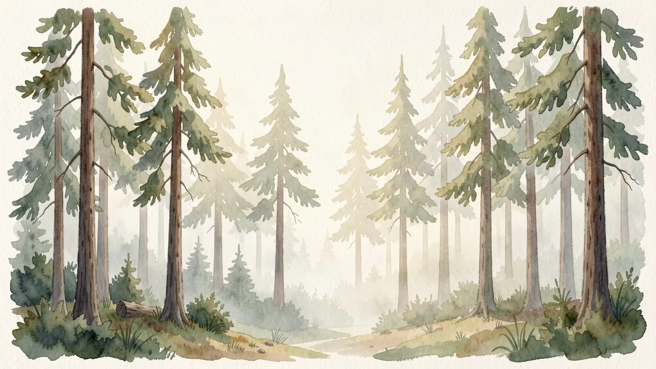 Soft watercolor illustration of a pine forest filled with gentle morning mist along a narrow forest path