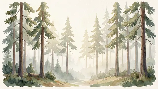 Soft watercolor illustration of a pine forest filled with gentle morning mist along a narrow forest path