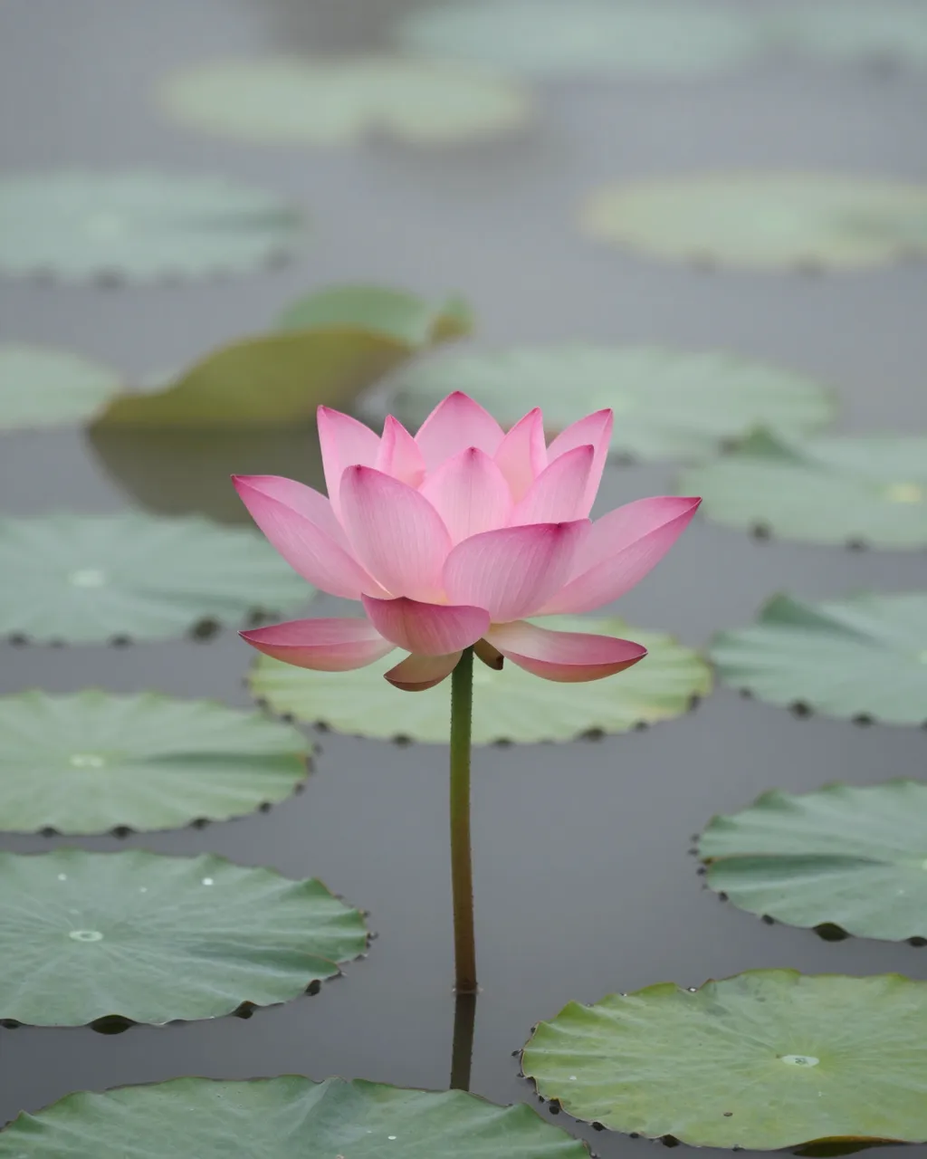 A single blooming pink lotus rises from still misty pond water surrounded by green lily pads
