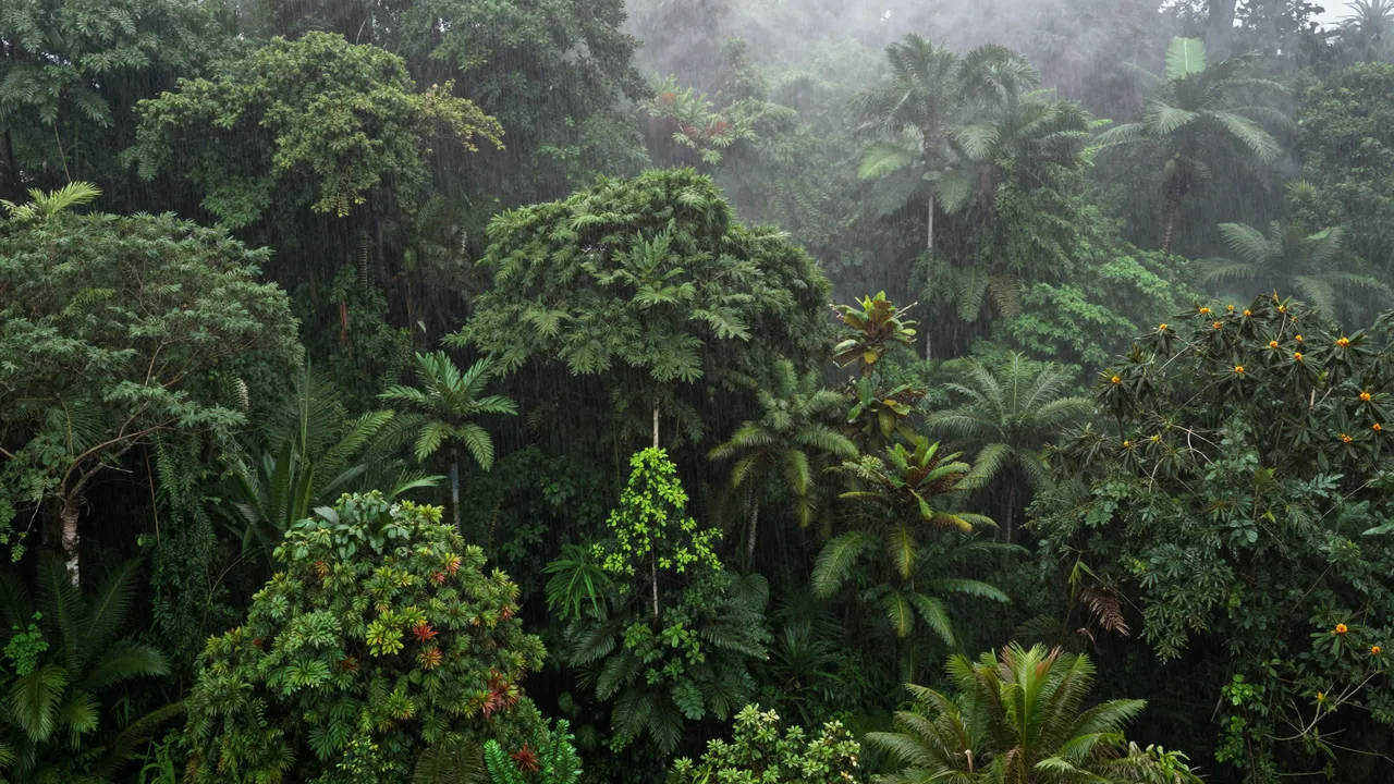 Dense rainforest treetops with rising mist during steady post-rain rainfall