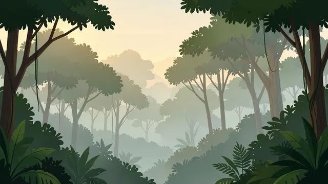 Layered flat vector illustration of a misty rainforest at soft pale dawn light