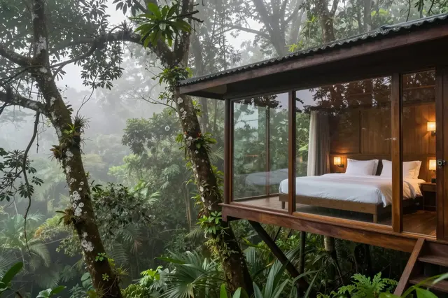 Glass-walled treehouse hotel room sits among misty rainforest trees at early morning