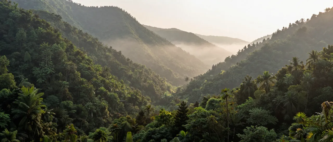 Warm sunrise light filters through drifting mist across a dense forested mountain valley.
