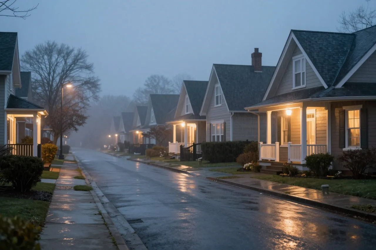 Wet foggy residential street at night with glowing porch lights lining rows of houses