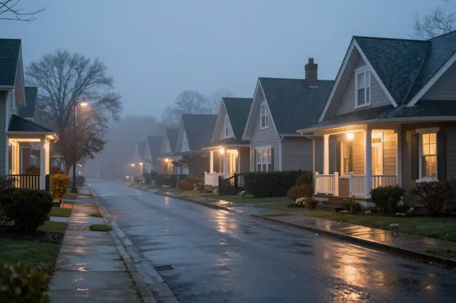 Wet foggy residential street at night with glowing porch lights lining rows of houses
