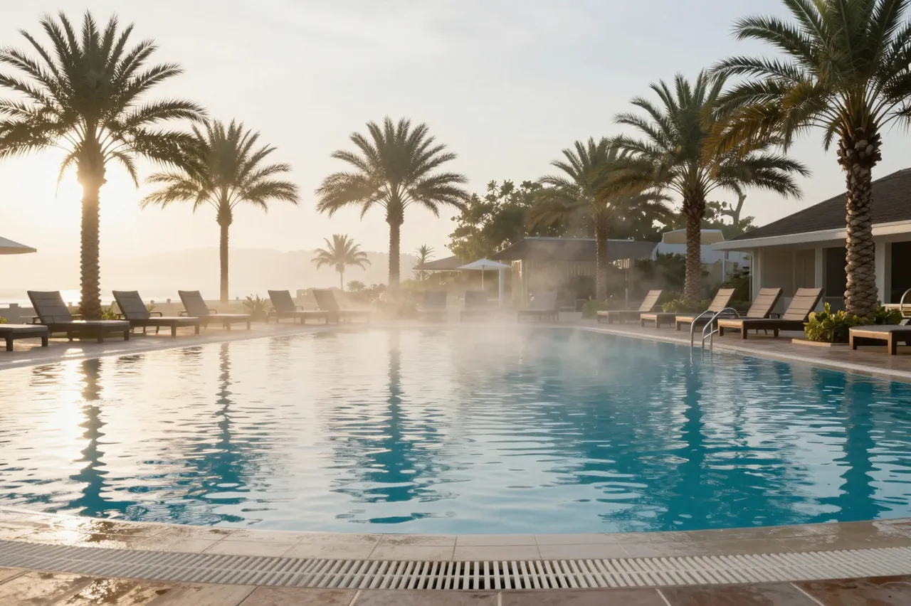 Warm dawn mist rises from a resort swimming pool lined with palm trees and empty lounge chairs