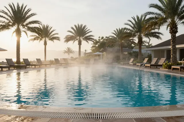 Warm dawn mist rises from a resort swimming pool lined with palm trees and empty lounge chairs