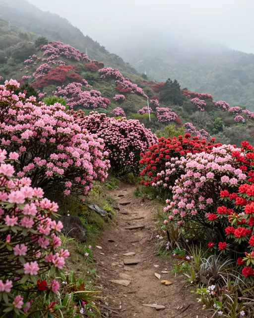 Dirt hiking trail winds through pink and red rhododendron bushes on a foggy misty mountainside in spring