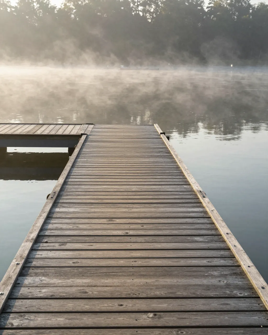 A weathered wooden dock extends out over a misty calm river at early morning, with treeline in the foggy background.