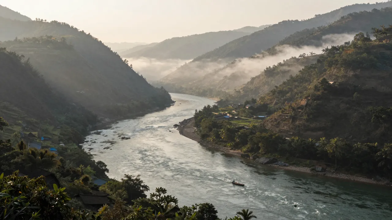 A winding river flows through a forested mountain valley wreathed in low mist at early dawn, with a small boat on the water.