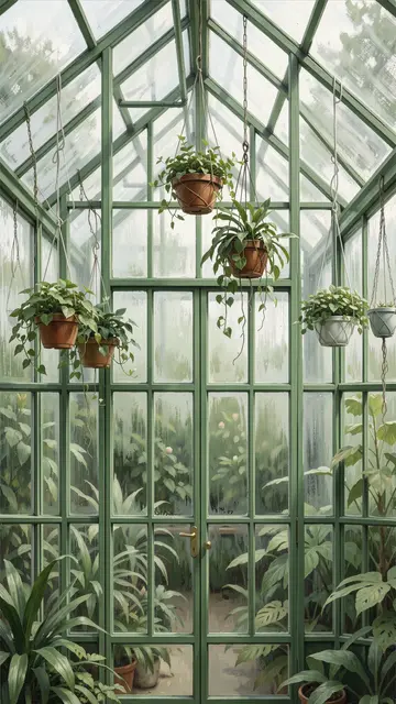 A vertical painting of a sage-framed greenhouse interior filled with hanging potted plants and misted glass panels.