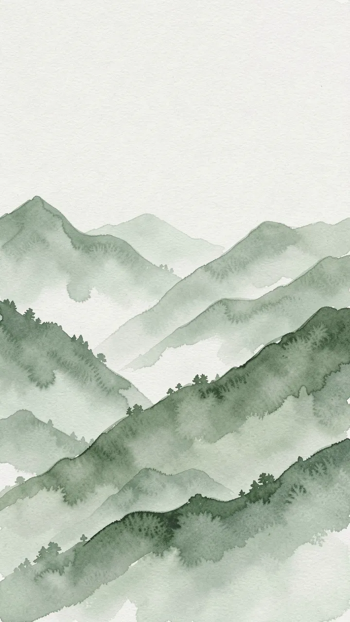 Vertical watercolor of layered misty sage mountains beneath a pale empty sky