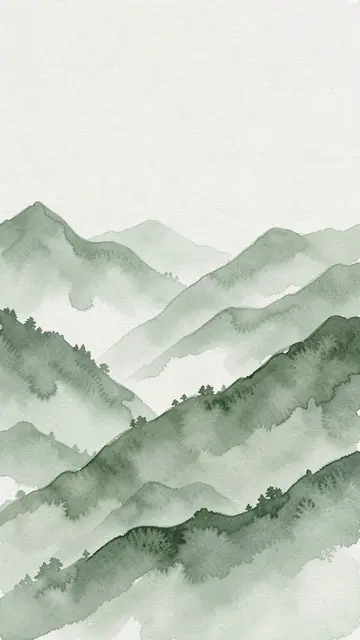 Vertical watercolor of layered misty sage mountains beneath a pale empty sky