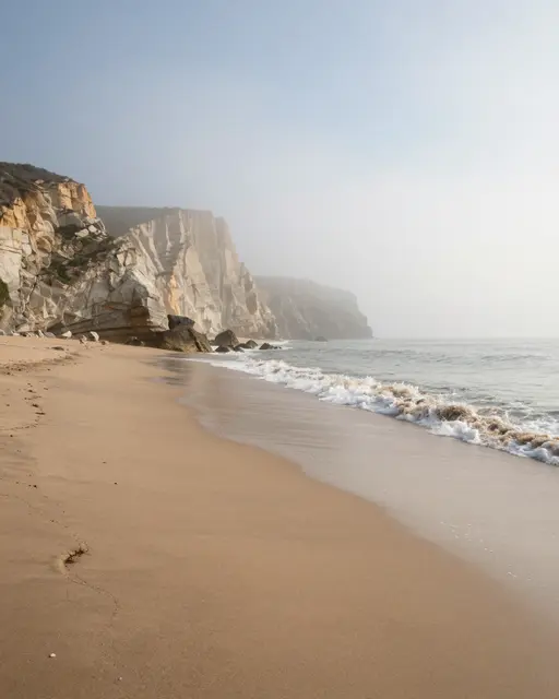 Fog drapes over a sheltered sandy beach and pale sea cliffs as gentle waves lap the shore at dawn