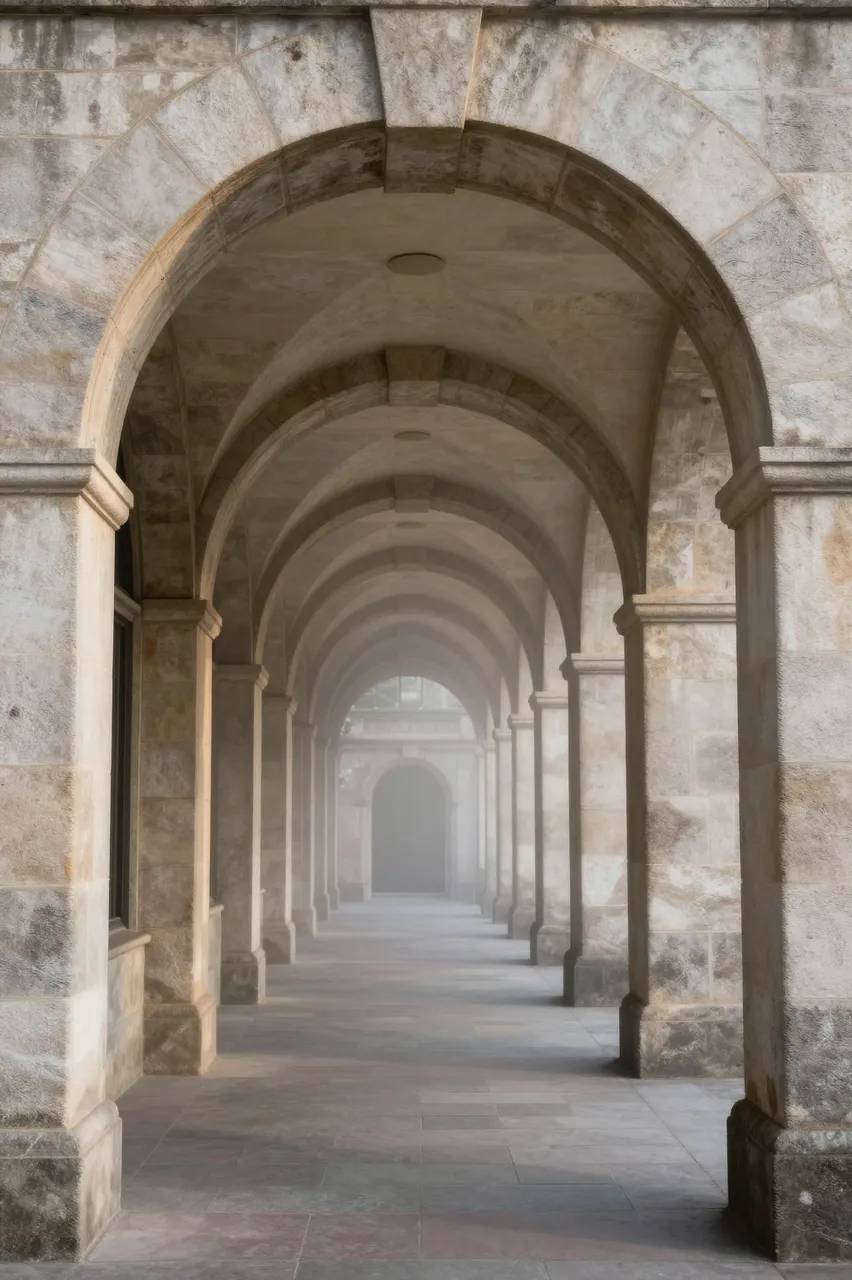 A vaulted stone arch colonnade recedes into soft morning fog along a paved walkway