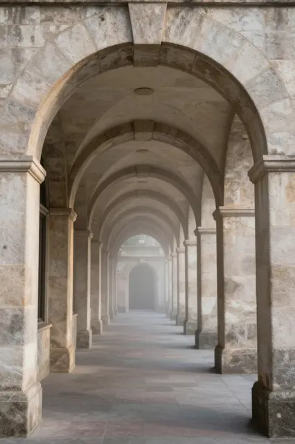 A vaulted stone arch colonnade recedes into soft morning fog along a paved walkway