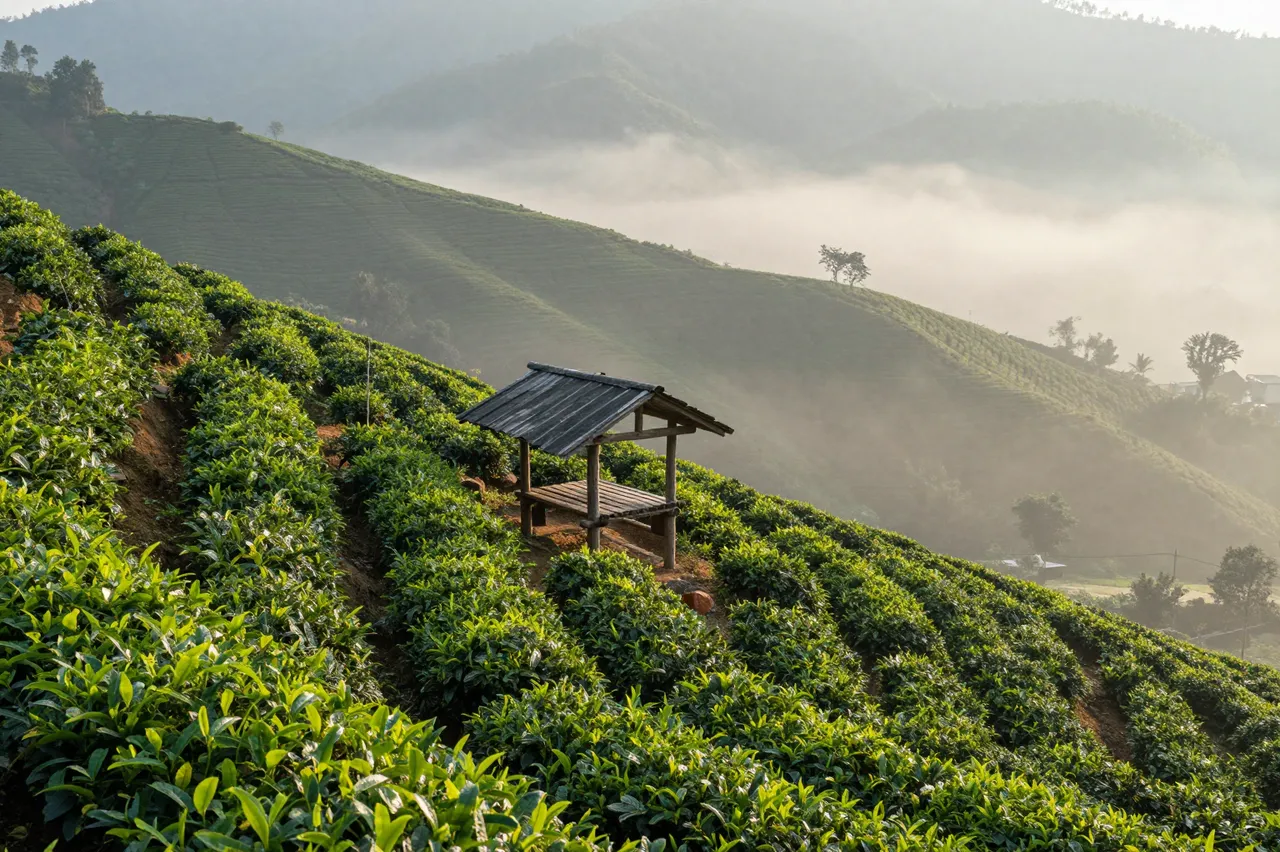 A small wooden shelter sits among terraced tea rows on steep misty hills at early dawn