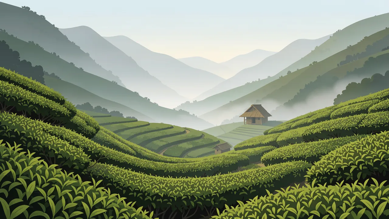 Terraced tea bushes curve across steep misty hills with a small hut under soft morning fog