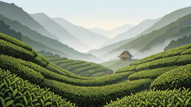 Terraced tea bushes curve across steep misty hills with a small hut under soft morning fog