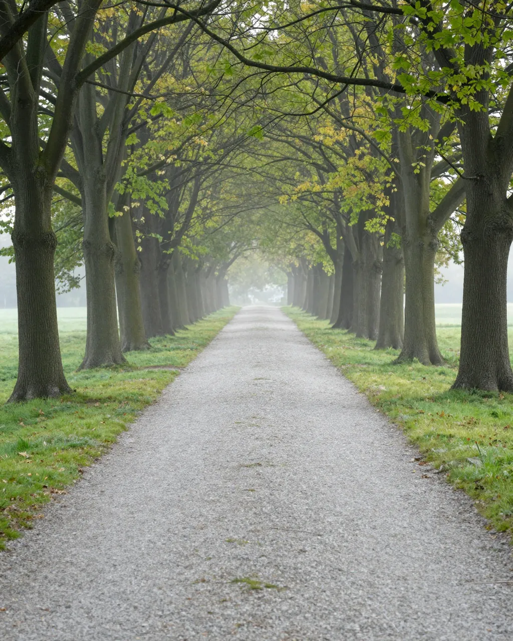 A straight gravel path runs through a tree-lined avenue on a foggy early morning in a quiet park.