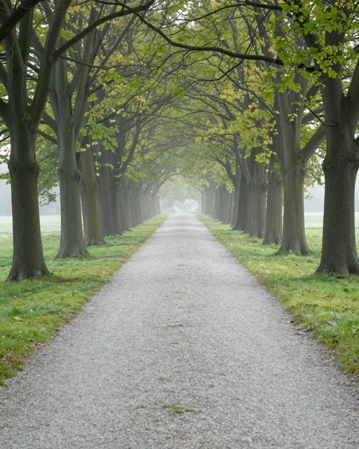 A straight gravel path runs through a tree-lined avenue on a foggy early morning in a quiet park.