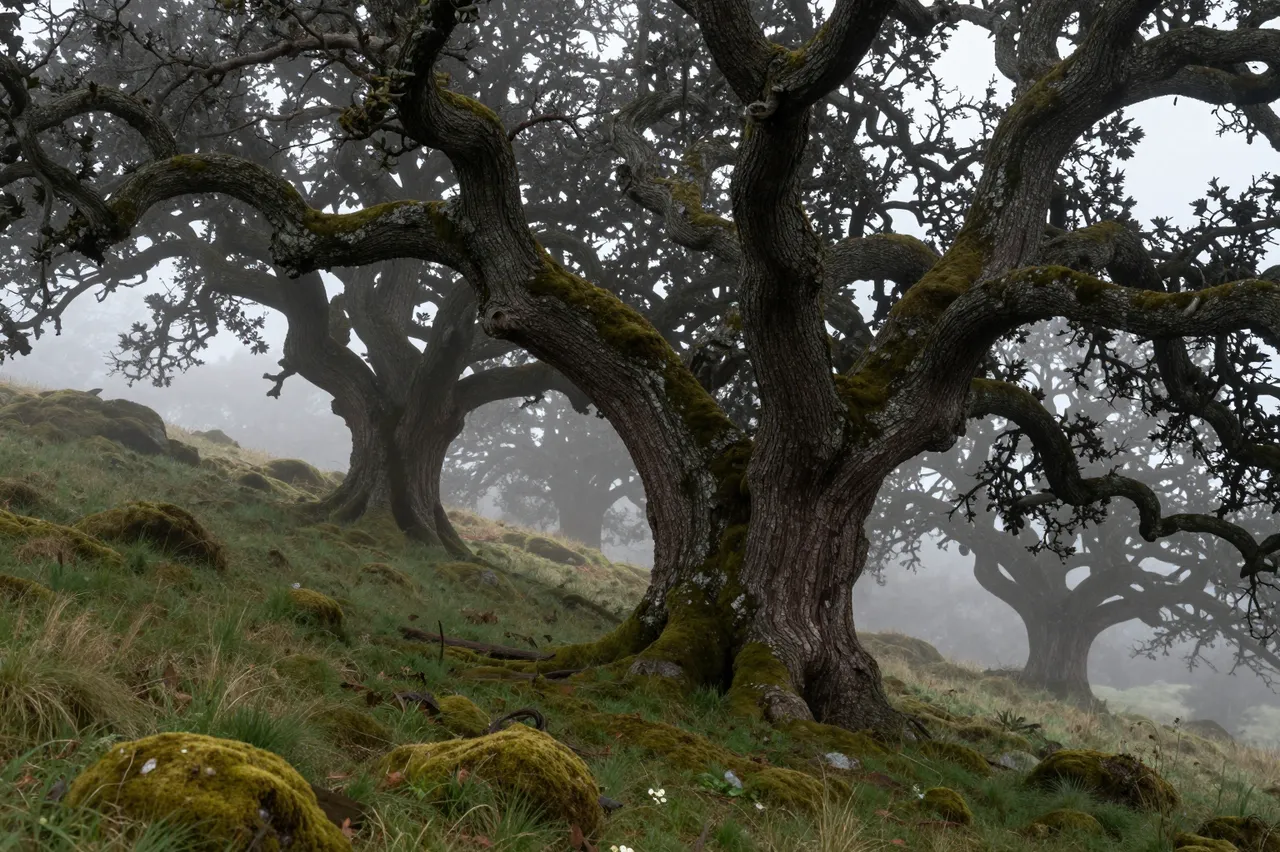 Gnarled moss-covered oak trees stand on a fog-shrouded mossy grassy hillside