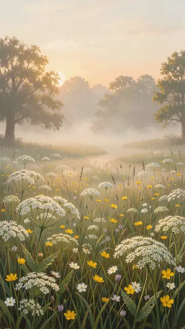 Vertical painting of a dawn meadow filled with cow parsley and buttercups, with soft mist and distant trees