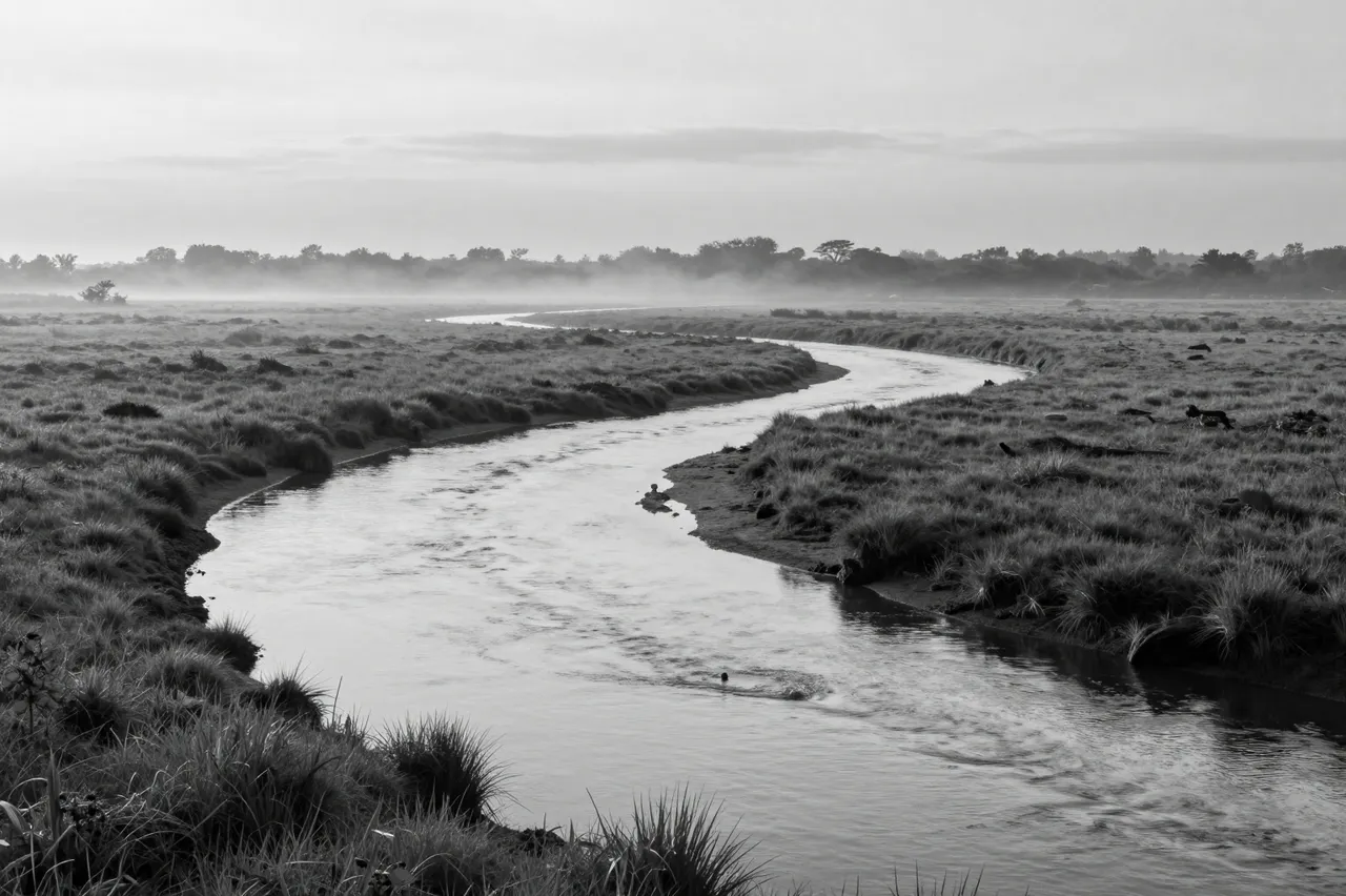 Black and white view of a winding river cutting through a grassy marsh with dawn mist over the water and distant treeline.