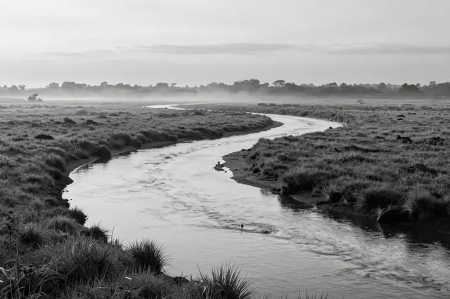 Black and white view of a winding river cutting through a grassy marsh with dawn mist over the water and distant treeline.