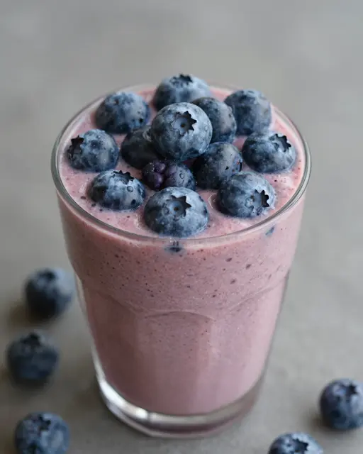 A glass of pink mixed berry smoothie topped with fresh whole blueberries on a neutral gray surface