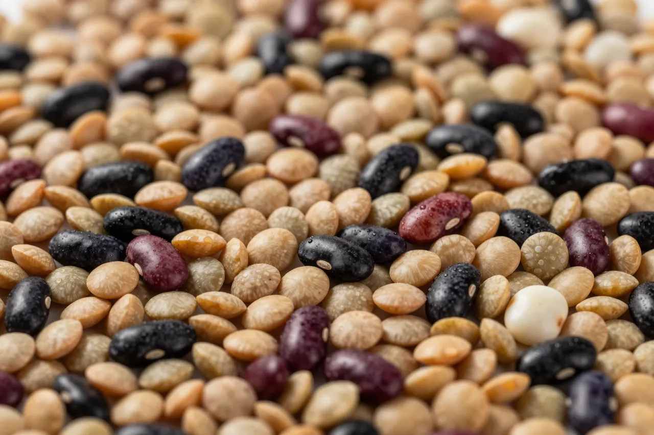 Close-up full-frame view of mixed dried lentils and assorted beans with subtle water droplets