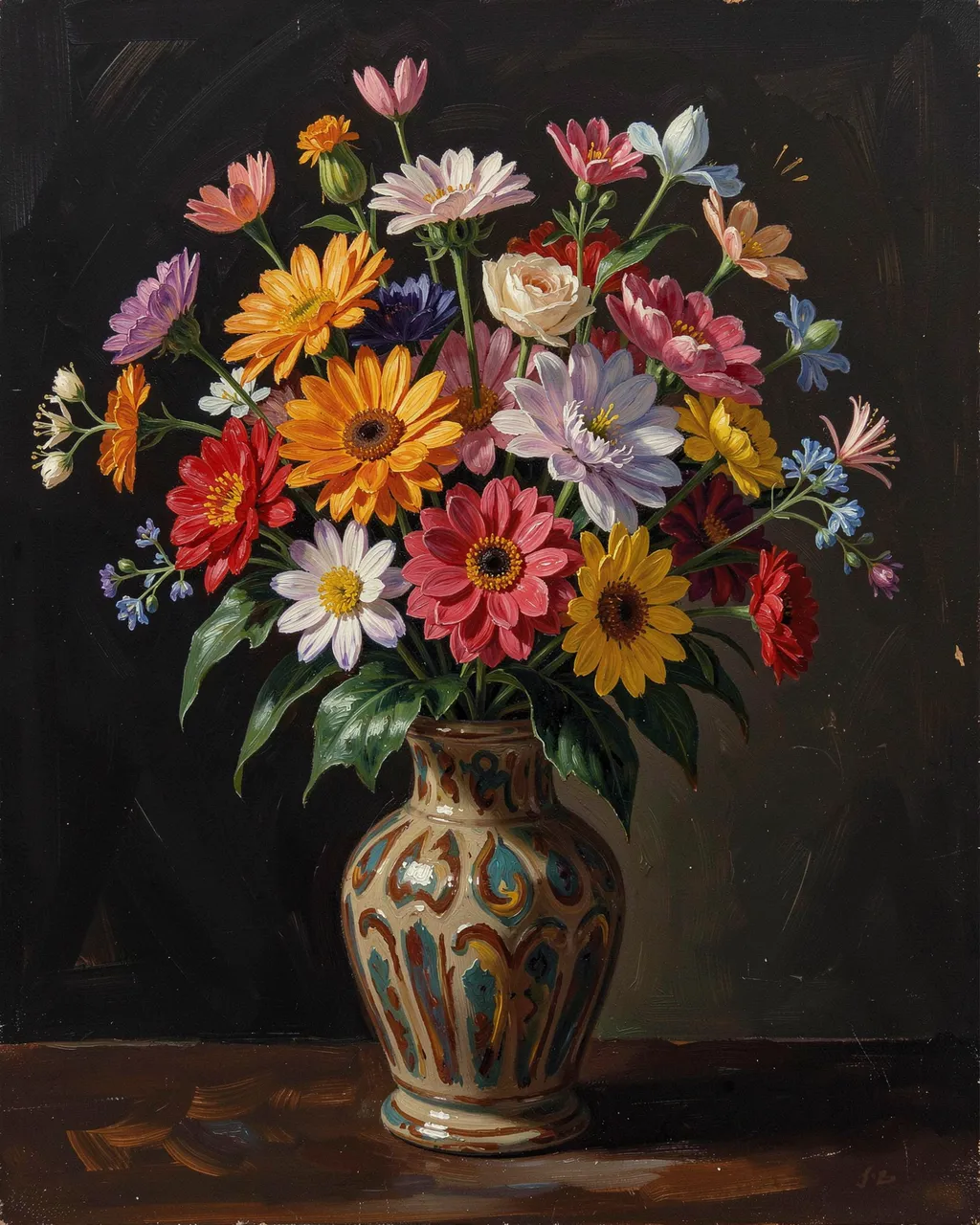 Oil painting of a decorative ceramic vase holding a lush bouquet of colorful mixed flowers against a dark background