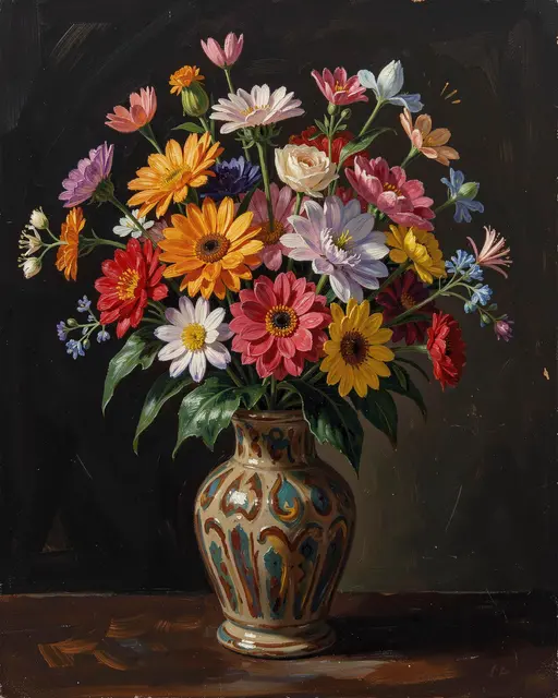 Oil painting of a decorative ceramic vase holding a lush bouquet of colorful mixed flowers against a dark background