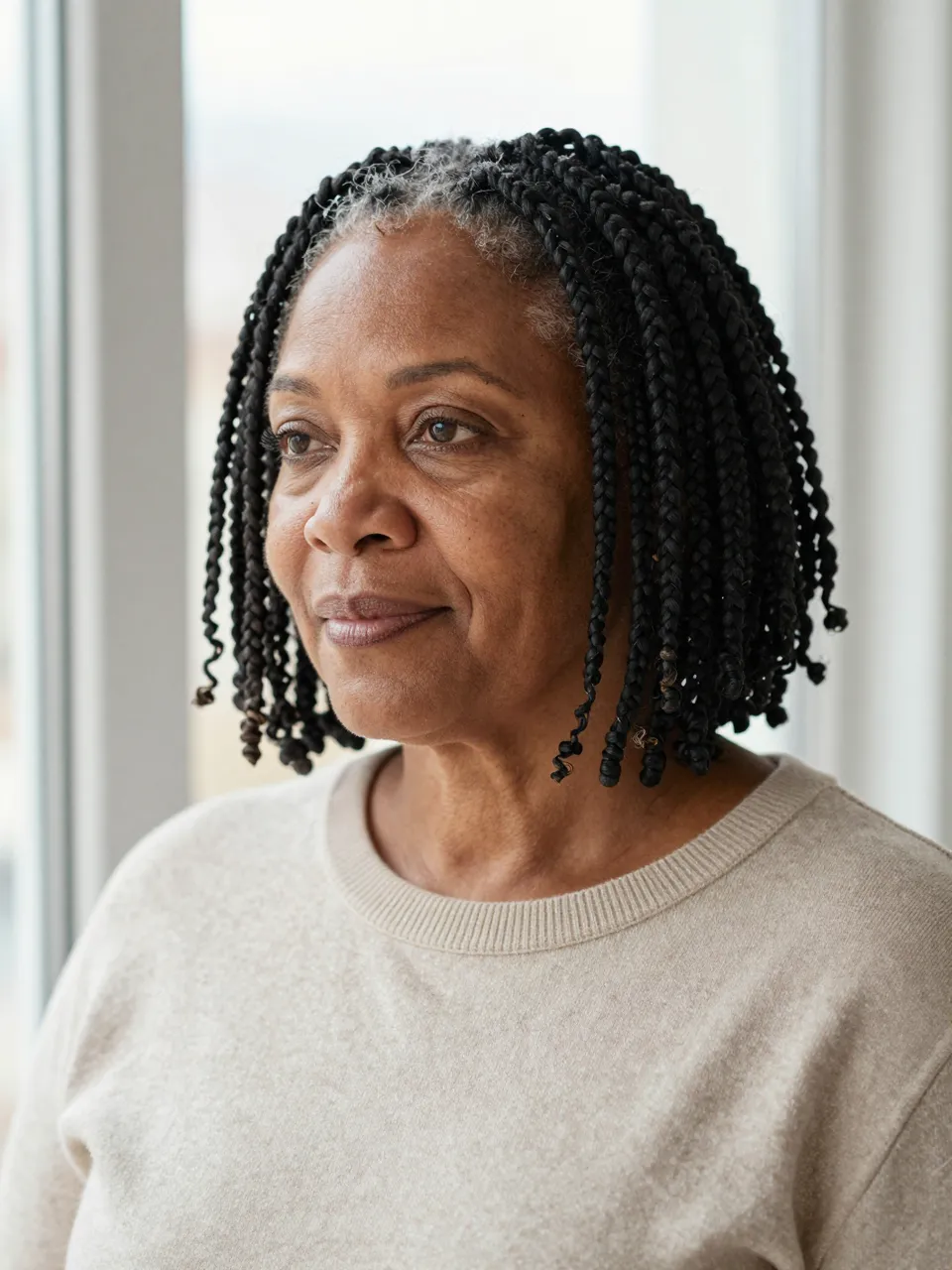 Portrait of a woman in her fifties with short braids and curled tips wearing an oatmeal sweater near a sunlit window
