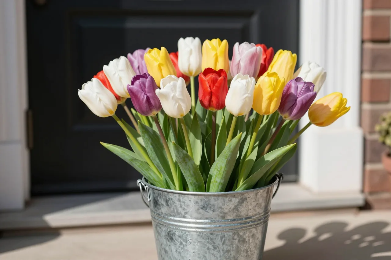 Bright multicolored tulips arranged in a galvanized zinc bucket sit on a sunny front home doorstep