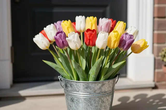 Bright multicolored tulips arranged in a galvanized zinc bucket sit on a sunny front home doorstep