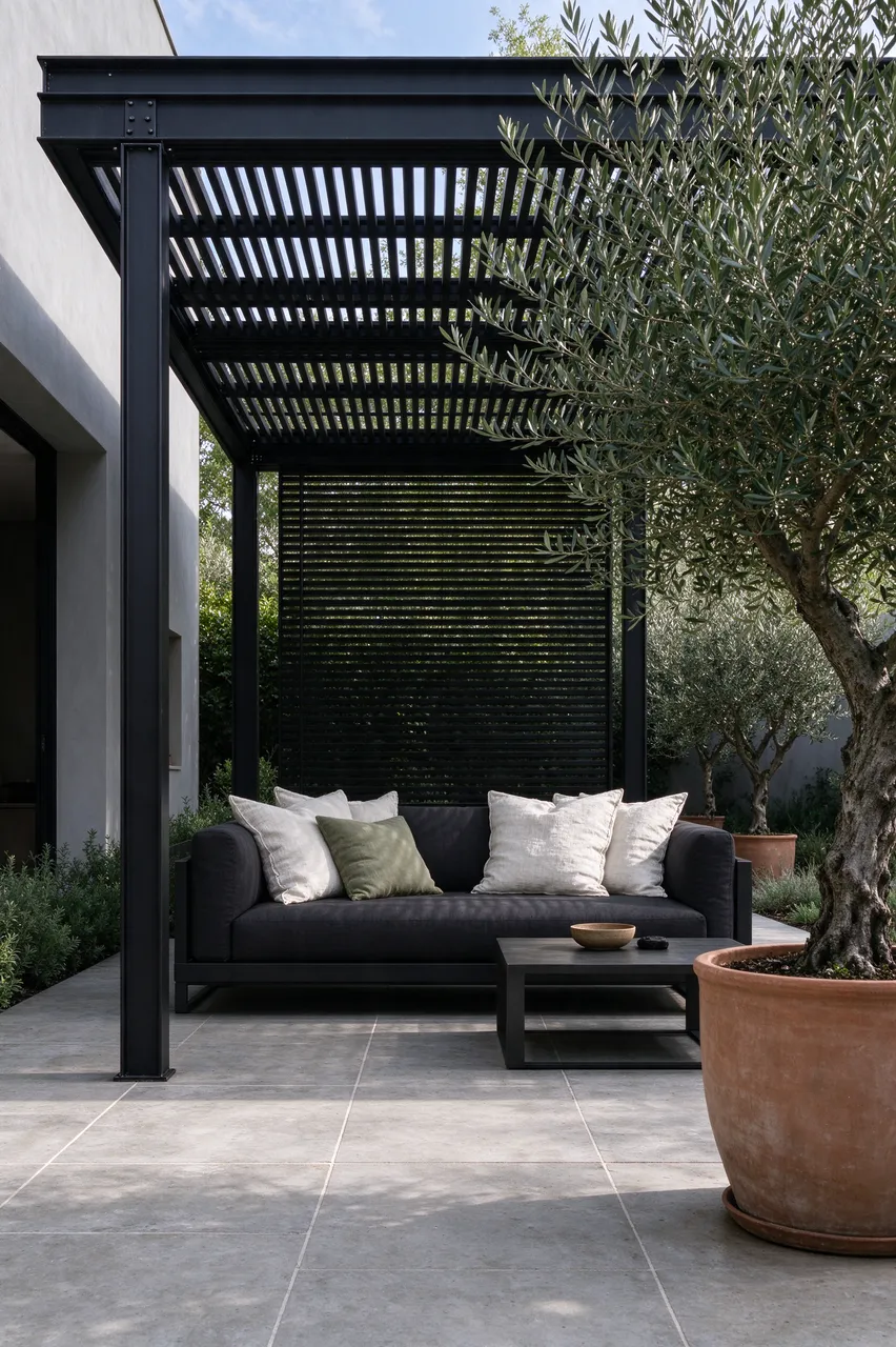 Black steel pergola shades an outdoor sofa on a stone terrace with potted olive trees