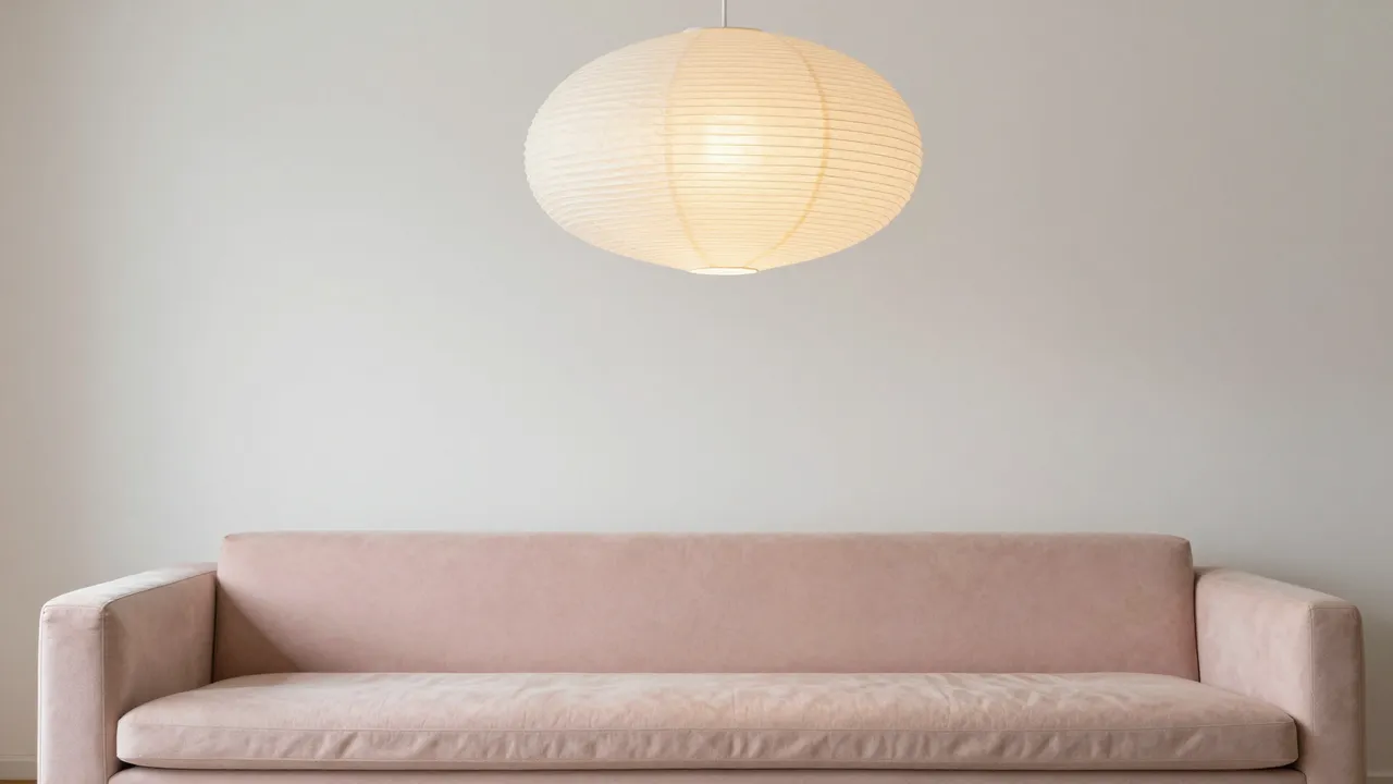 A soft blush velvet sofa sits below a glowing round pleated paper pendant light against a plain pale wall.