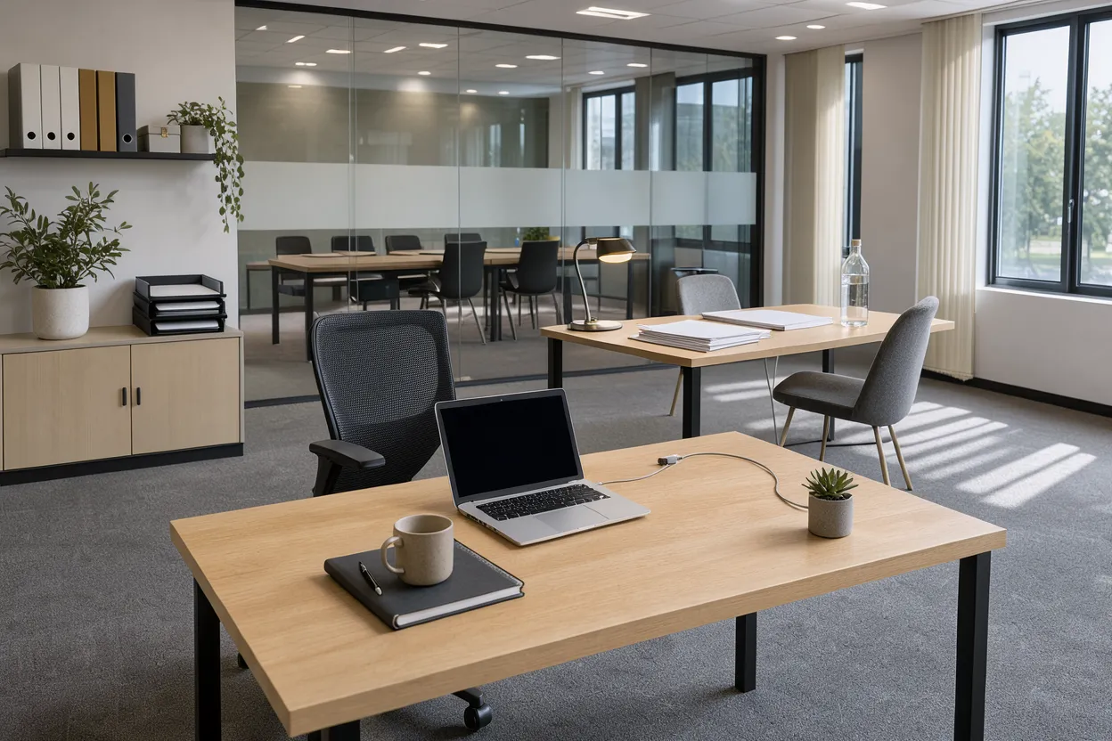 Unoccupied contemporary office space with wooden desks, office plants and meeting area behind glass partition