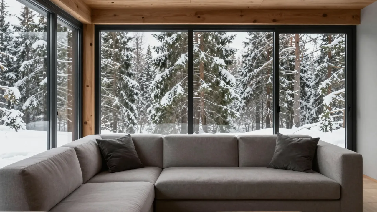 Gray sectional sofa sits in a wooden cabin interior overlooking snow-covered pine trees through large glass windows