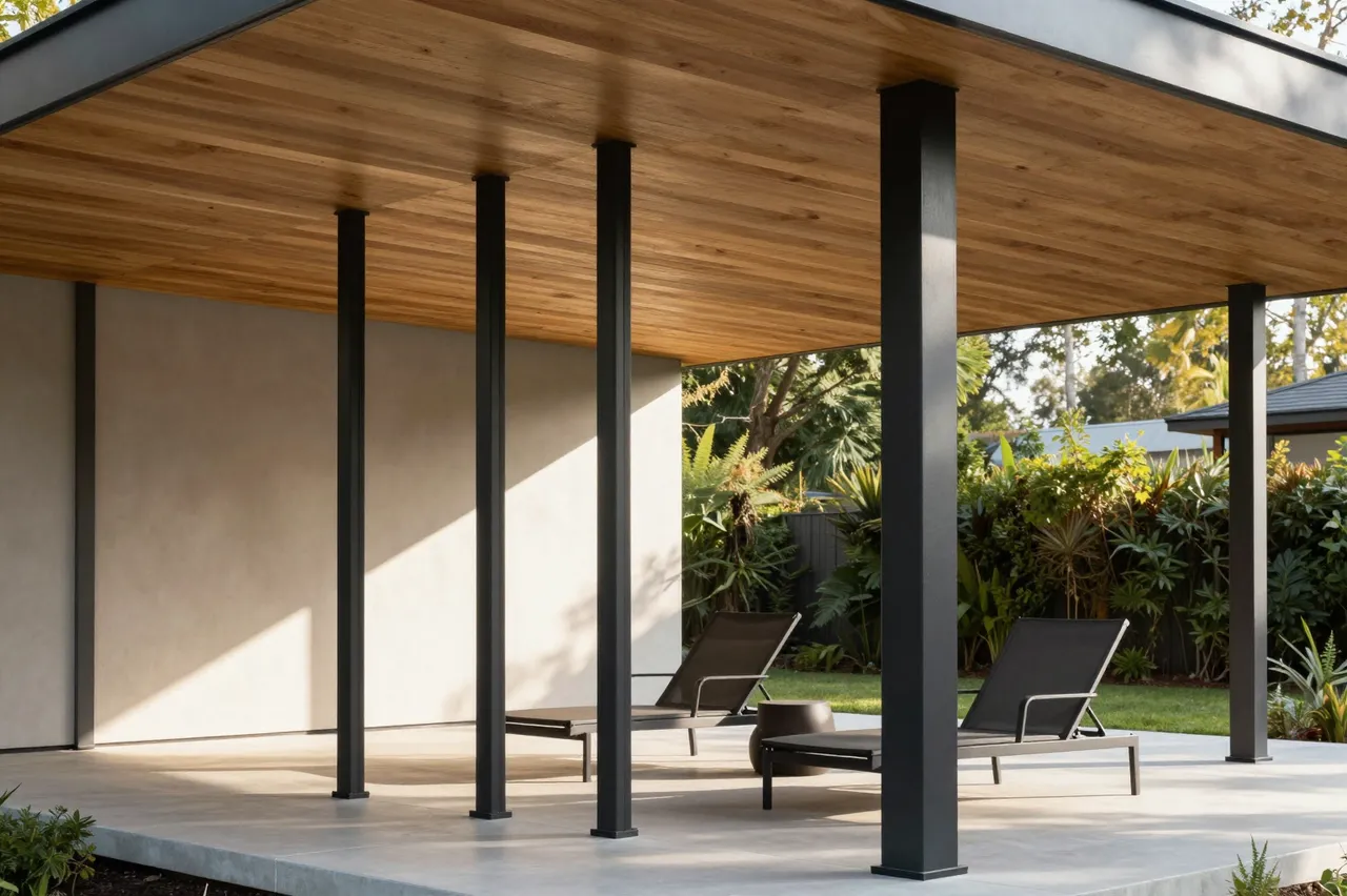 Covered modern porch with slatted cedar ceiling, black steel posts and lounge chairs in warm morning sunlight