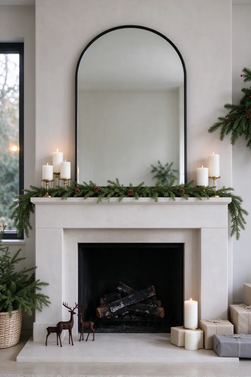 Festive minimalist Christmas decor arranged on a plaster fireplace with arched mirror above