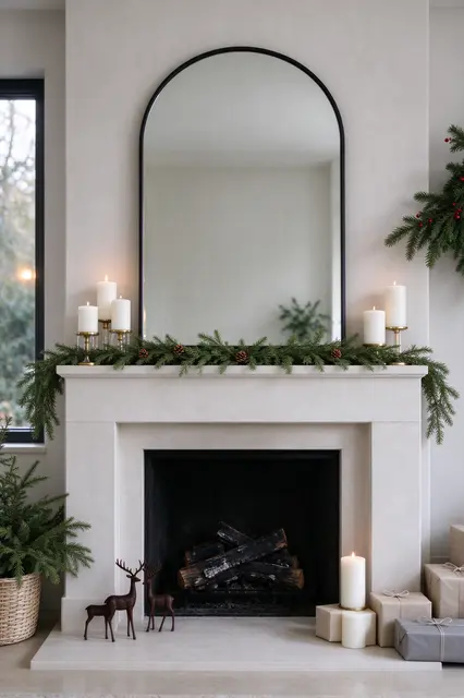 Festive minimalist Christmas decor arranged on a plaster fireplace with arched mirror above