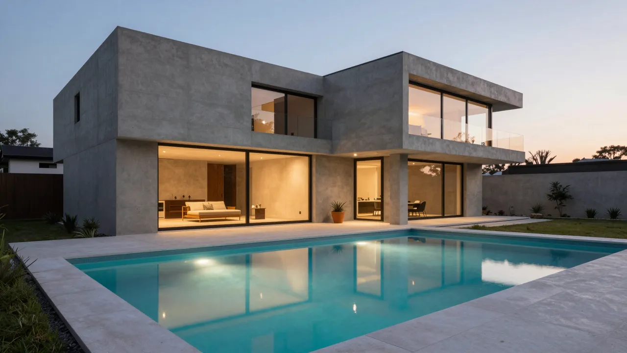 Two-story modern concrete home with glowing interior lighting next to a reflective lit swimming pool at twilight.
