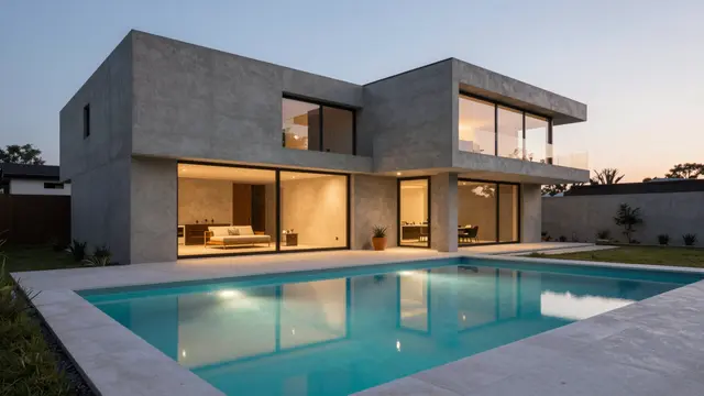 Two-story modern concrete home with glowing interior lighting next to a reflective lit swimming pool at twilight.