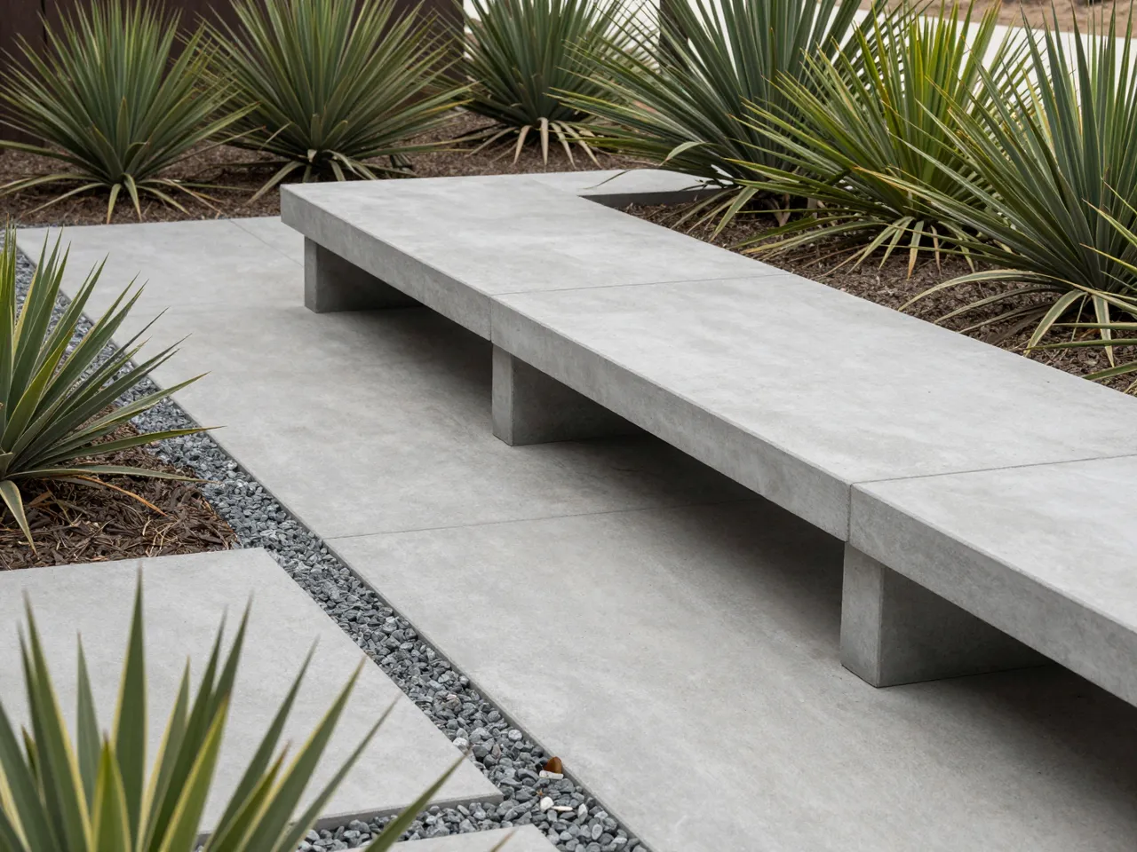 Smooth built-in concrete bench sits on a paved patio surrounded by gravel beds and spiky yucca plants